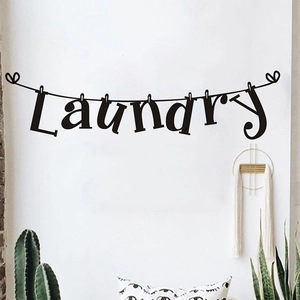 Sticker mural Laundry en vinyle noir adhésif avec motif créatif de corde à linge