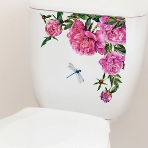 Watercolor pink peony and dragonfly self-adhesive bathroom wall decal for toilet decor