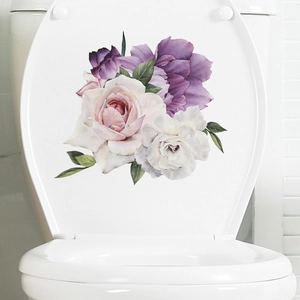 Waterproof purple floral toilet lid sticker featuring watercolor peony and roses