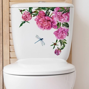 Pink Peony Flower And Dragonfly Toilet Sticker Waterproof PVC Self Adhesive Bathroom Beautification Wall Decal For Toilet Tank Decor