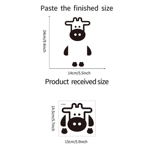 Detailed size chart showing the 24cm x 14cm finished cow wall sticker layout and product sheet
