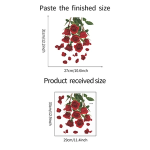 Detailed sizing chart showing red rose wall stickers layout and finished dimensions