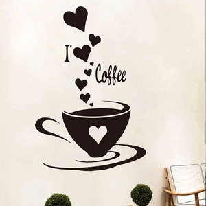 Self-adhesive black coffee cup wall sticker with heart silhouette for home wall decoration