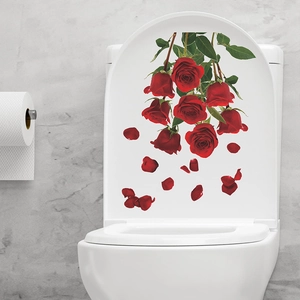 Romantic red rose toilet seat wall stickers with realistic floral petals for bathroom decor