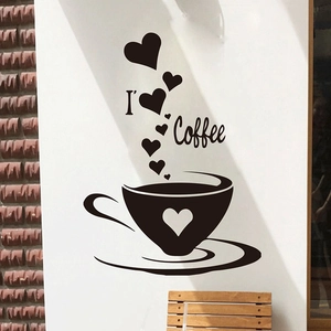 Self-adhesive black coffee cup wall sticker with hearts and I love Coffee lettering