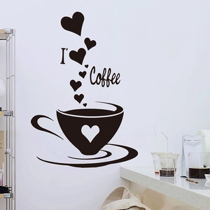 Self-adhesive black coffee wall decal with heart patterns for home kitchen decoration