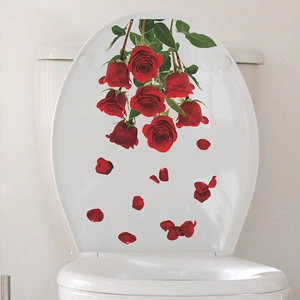 Romantic red rose floral toilet lid decal set with self-adhesive PVC flower stickers