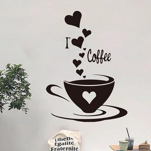 Self-adhesive black coffee cup wall sticker with heart symbols and I love Coffee text