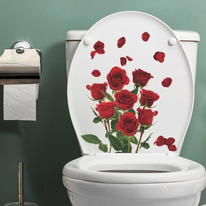 Romantic red rose flower toilet seat stickers with petals on white lid for bathroom decor