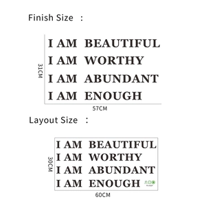 Detail view of inspirational wall decal with affirmations and precise size measurements
