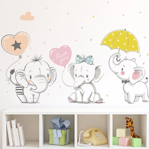 Cartoon elephant wall stickers with heart balloons and stars for kids bedroom nursery decor