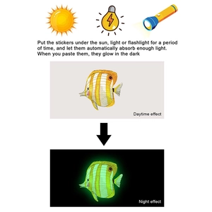 Luminous yellow fish sticker showing light absorption and glowing effect in the dark