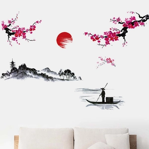 Chinesische Tuschelandschaft PVC Wandtattoo Abnehmbar Pflaumenblüte Rote Sonne Wandsticker Für Wohnzimmer Schlafzimmer Zuhause Deko