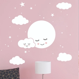 Minimalist cute wall stickers set featuring a smiling moon, white clouds, and stars for kids