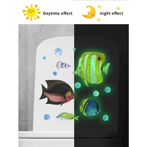 Luminous ocean world toilet stickers with glow in the dark fish and bubble patterns