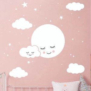 Cartoon moon clouds and stars wall stickers for kids bedroom decor on pink wall