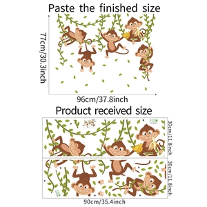 Detail view of cartoon monkey wall decals with product dimensions and layout