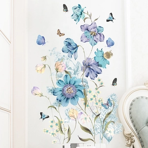 Stickers muraux romantiques avec fleurs et papillons bleus et violets pour décoration