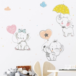 Cartoon elephant wall decals with heart balloons and stars for nursery bedroom decor
