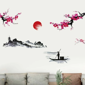 Tinten-Landschaft Wandtattoo mit Kirschblüte Sonnenuntergang und Boot im Wohnzimmer