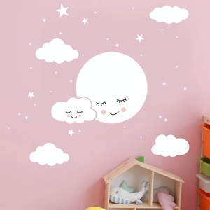 Cartoon moon, clouds, and stars wall stickers for nursery and kids' bedroom decoration