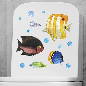 Watercolor ocean theme luminous toilet stickers featuring tropical fish and bubbles