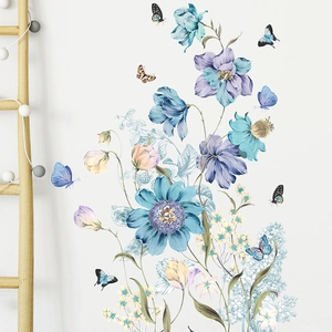 Sticker Mural Romantique Fleur Papillon en PVC Amovible Auto-adhésif pour Salon Chambre Décoration Intérieure Florale