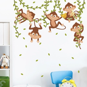 Cartoon monkey wall stickers with green vines and leaves for kids bedroom decor