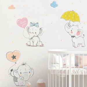 Cartoon elephant wall decals with heart balloons and stars for nursery room decor