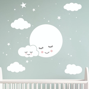 Cartoon Moon Cloud Stars Wall Stickers For Kids Nursery Bedroom PVC Removable Self Adhesive Decals Cute Home Decor