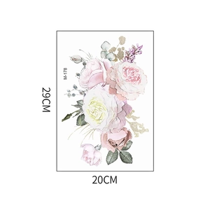 Detail of tropical floral toilet sticker with pink roses and green leaves, 20x29cm size