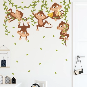 Playful cartoon monkey tree branch wall decals for kids bedroom decor and nursery self-adhesive