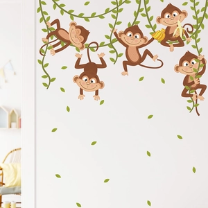 Cartoon monkeys and green vines self-adhesive wall stickers for kids' bedroom decor