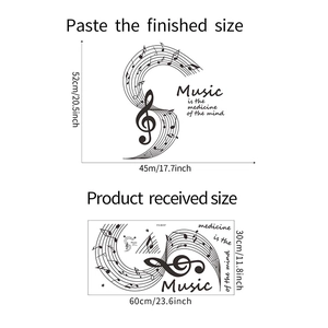 Detail view of musical notes wall decal with dimensions for layout and application