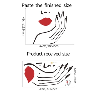 Detailed size chart showing the 47x48cm layout and 60x30cm sheet for red lips wall decal