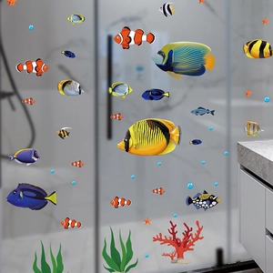 Meereslebewesen Unterwasserwelt Wandtattoo Wasserdicht PVC Cartoon Fisch Seegras Aufkleber Für Kinderzimmer Bad Glas Deko