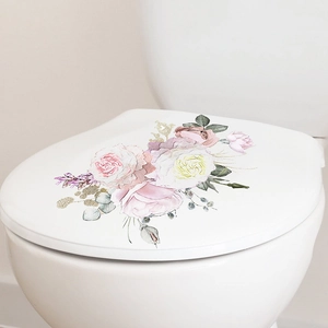 Self-adhesive tropical floral toilet sticker with pink and purple flowers on white lid