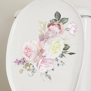 Self-adhesive tropical floral toilet lid sticker with pink roses and green leaves