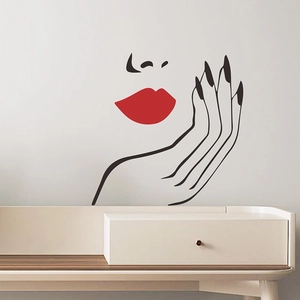 Minimalist wall decal featuring a woman with red lips and black line art on a grey wall