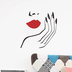 Minimalist red lips wall sticker with line art hands and nose for modern home decor