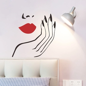 Modern wall sticker featuring minimalist female face profile with red lips and long nails