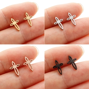 Boucles d'Oreilles Clous Minimalistes en Acier Inoxydable Croix Creuse pour Femmes Bijoux de Mode Géométriques Or Argent Noir