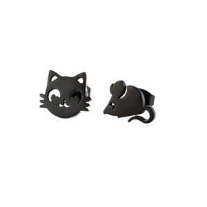 Matte black asymmetric stud earrings with cartoon cat and mouse silhouettes on white background