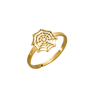 Bague ouverte punk gothique en acier inoxydable doré avec motif toile d'araignée