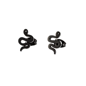 Minimalist matte black snake stud earrings in stainless steel with butterfly backs