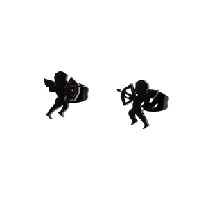 Symmetric pair of black matte cupid angel stud earrings made of stainless steel