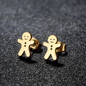 Cute cartoon gingerbread man stud earrings in polished gold-plated stainless steel