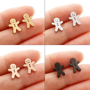 Stainless Steel Gingerbread Man Stud Earrings For Women Cute Cartoon Hollow Smiling Face Christmas Jewelry Gift