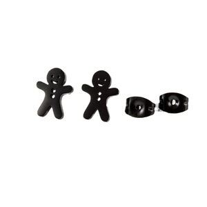 Winter cartoon gingerbread man stud earrings in polished black stainless steel finish