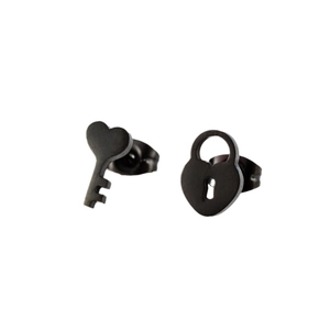 Asymmetric matte black stainless steel heart lock and key stud earrings on white background